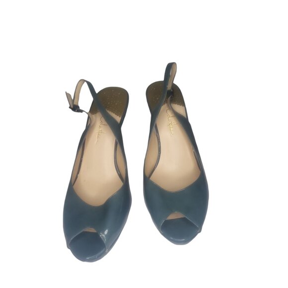 Cole Haan Stiletto Heels Women Sz 7.5B Green Peep Toe Patent Leather Designer - Picture 3 of 6